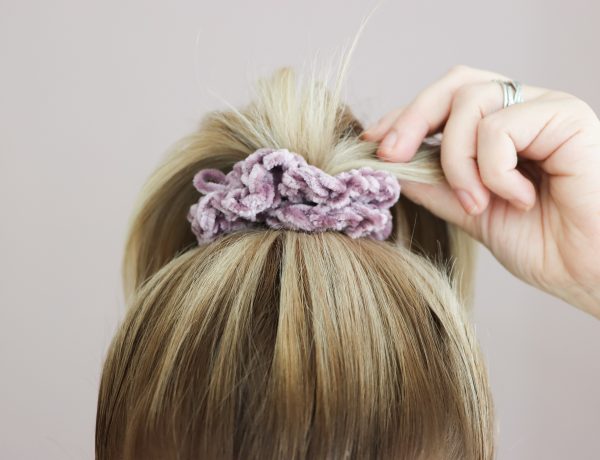 velvet crochet scrunchies in blonde hair