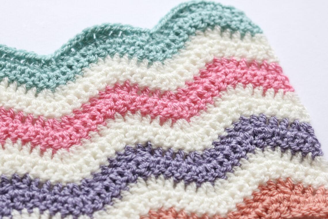 Ripple Crochet Stitch in Aqua, Pink, Purple, Peach and Cream yarn.
