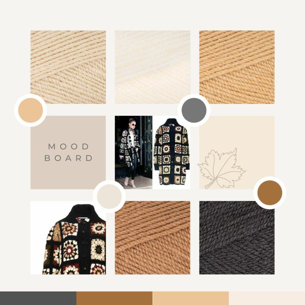 mood board of yarn and a crochet garment showing inspiration behind the not the high street poncho. 