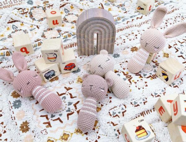 Sleepy Baby Bear and Bunny Stick Crochet Rattles by Theodore & Rose